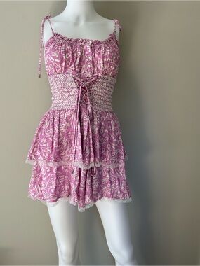 Sky to Moon Pink Floral Smocked Corset Mini Dress Size Small Boho Cottagecore